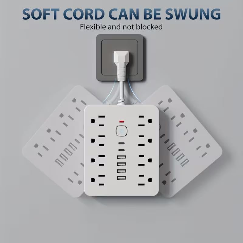 Multitoma con protección contra sobretensiones - 8 tomas con 6 puertos USB (2 USB C), cable de extensión de 9.8 pulgadas, montable en pared para oficina, estudio, hogar y escuela - Enchufe US miniatura 6
