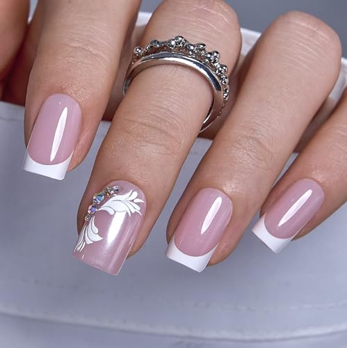 CurvLife Medium Square French Tip Press On Nails, Petal Shine, Soft Gel