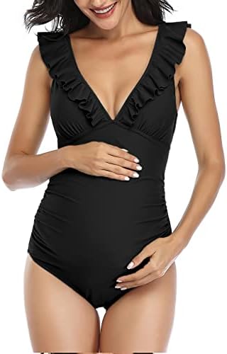 Summer Mae Maternity Swimsuit V-Neck One Piece Swimsuit Ruffled Lace Up Monokini Black XL