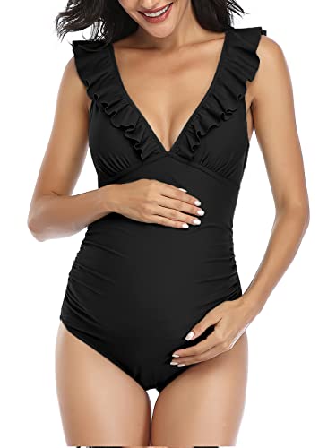 Summer Mae Maternity Swimsuit V-Neck One Piece Swimsuit Ruffled Lace Up Monokini Black M
