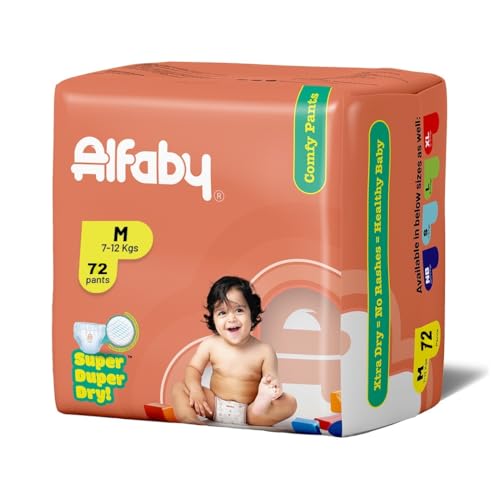 Image of Alfaby Baby Diapers Pants | M Size (7-12 kg), 72 Count | Super Dry Comfy Pant Style Disposable Diapers for Babies | Leak Proof, Soft & Rash Free | Uninterrupted Baby Sleep | Upto 12 Hours Absorption
