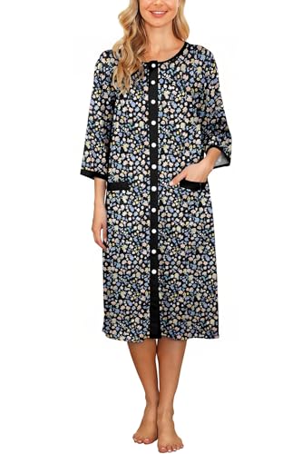 Image of Bloggerlove House Dress Women Cotton Snap Front Nightgown 3 /4 Sleeve Housecoat Duster Robe with Pockets Moomoo Patio Dress