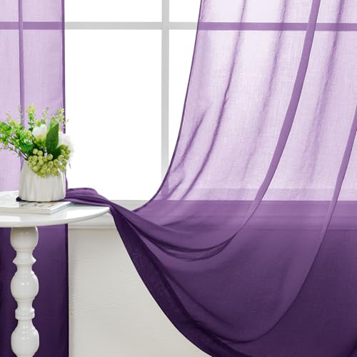 Hiasan Zasłony z woalu, na przelotkach, półprzezroczyste, do sypialni i pokoju dziecięcego, krótka, 145 cm x 140 cm (wys. x szer.), zestaw 2 sztuk, biało-fioletowe