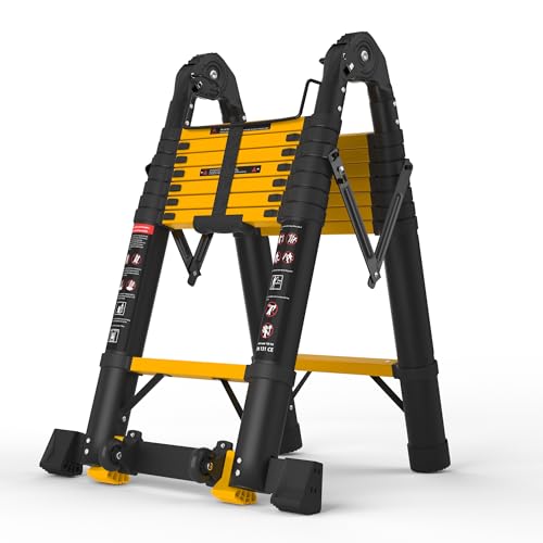 SINMEIRUN 16.5 FT Telescoping A Frame Ladder, 8 Step, ANSI Certified, Type IA Heavy Duty, 330lbs Max Capacity, Aluminum Extension Ladder for Home, Roof, RV; Yellow