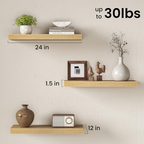 Image of Fun Memories 24 Inch Floating Shelves for Wall, 12 inch Deep Extra Thick Wood Shelves with Invisible Bracket, Large Wall Mounted Storage Shelf for Living Room Bedroom Kitchen, Oak, Set of 3