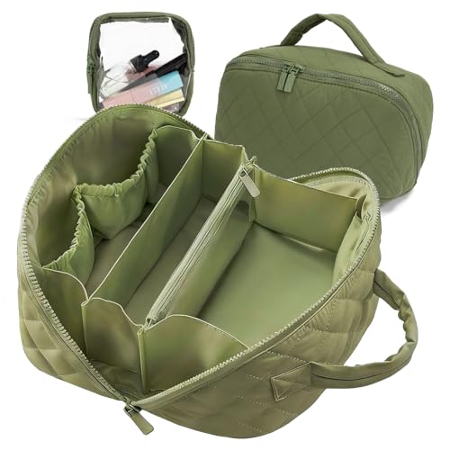 Travel Makeup Bag for Woman Lay-Flat Puffer Cosmetic Organizer Pouch Large Capacity Make Up Case Open Flat Toiletry Bags Cosmetic Bags Quilted Makeup Bags with Brush Compartment & Handle (Green)