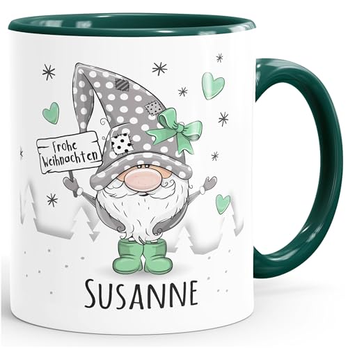 SpecialMe® Kaffee-Tasse Frohe Weihnachten Wichtel Weihnachtsmotiv mit Namen persönliche Geschenke weiß-innen-grün standard