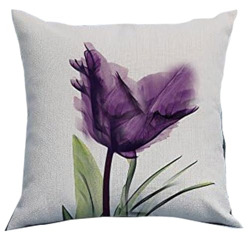 YMSDZHL Glass Print Elegant Tulip Purple Flower Linen Sofa Couch Art Painting Pillowcase Pillow Cover