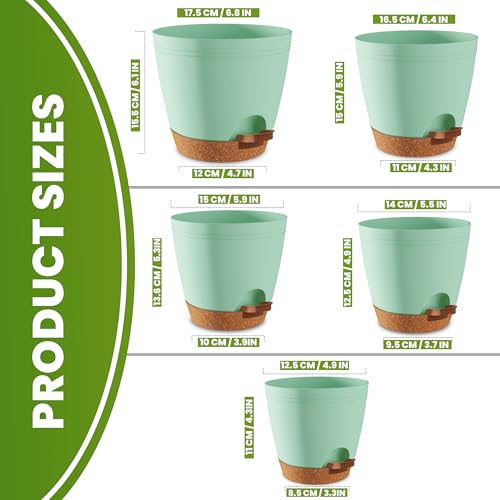 Utopia Home Self Watering Pots for Indoor Plants, Planters for Indoor Plants, Multi-Size Flowerpot, Set of 5 Plant Pots with Drainage & Reservoir, 6.8\"/6.4\"/5.9\"/5.5\"/4.9\" (Olive Green)
