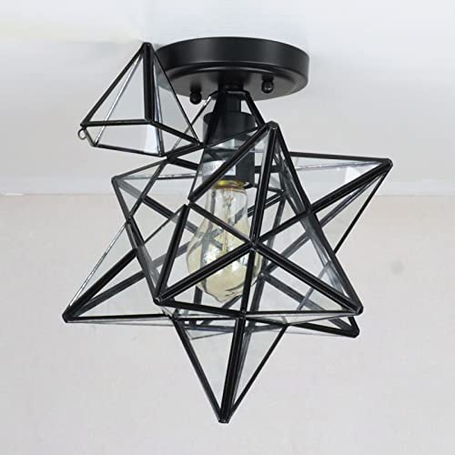 Image of Industrial Black Copper Moravian Star Ceiling Light Clear Glass | 12-inch Ceiling Mount Light, 1-Light Fixture for Living Room Bedroom Kitchen Hallway