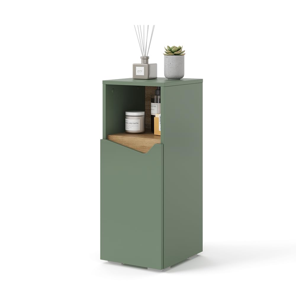 Vicco Mueble Midi Marelle, Verde/Artesano, 30 x 74.5 cm | con puerta y compartimento abierto, para guardar artículos de baño y toallas