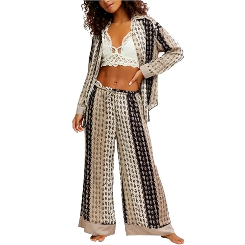 Image of Women Satin Pajama Set Floral Silk Pajamas 2 Piece Lounge Sets Button Down Shirts Wide Leg Pants Pjs Sleepwear