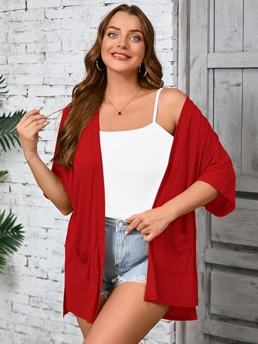 Image of AusLook Plus Size Short Sleeve Cardigan for Women Lightweight with Pockets | 100% Polyester,Elbow-Length Drop Shoulder Sleeves,Side Slit Hem,Longline Coverage,Dresses Jeans Office Travel Vacation