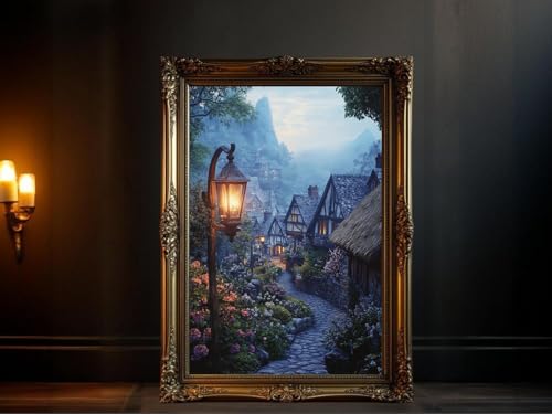 Quaint Village Street Scene Wall Art Enchanting Evening Lantern Decor Cozy Cottage Pathway Poster Serene Country Landscape Print