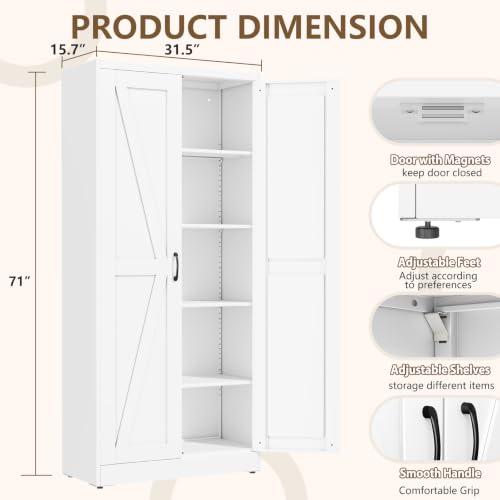 Image of White Metal Storage Cabinet, 71 inch Kitchen Pantry Cabinets for Office