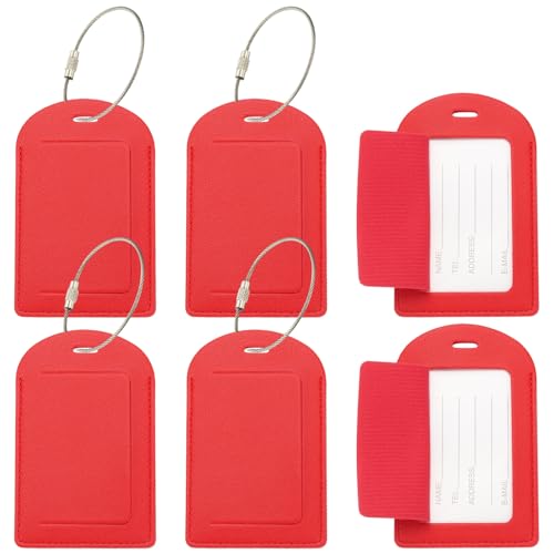 PATIKIL 6 Pcs Suitcase Tags, Red Leather Luggage Name Tags Travel Accessories Airplane Travel Essentials for Flying Hotel Check in Luggage Bags Men Women, Sideways Flip