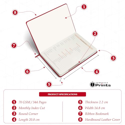 Image of Jhingalala Diaries - Hard Bound Leather Cover 2026 Diary with 365 Dates I Daily Planner Diary 2026 With Calendar | Size A5 15x21 cms (Red)