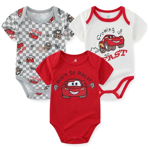 Image of Disney Cars Lightning McQueen Tow Mater Baby Boys 3 Pack Bodysuit Creeper for Newborn and Infant