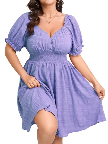Image of SCOMCHIC Womens Plus Size Summer Dresses Casual Sun Dress Sweetheart V Neck Puff Short Sleeve Smocked A Line Mini Dress