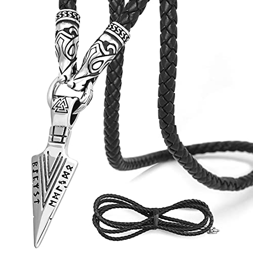 BaviPower Odin's Gungnir Spear Head Pendant with Black Leather Wolf Head Chain Necklace â™¦ 316L Stainless Steel â™¦ Nordic Scandinavian Viking Men Jewelry â™¦ Bonus Leather Chain