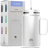 ALBOR 50 Oz Tumbler with Handle and Straw, Coffee Tumblers with Lids and Straws, Insulated Tumbler with Lid, Insulated Tumblers, Stainless Steel Tumblers, Tumbler with Straw (50oz, Snowy White)