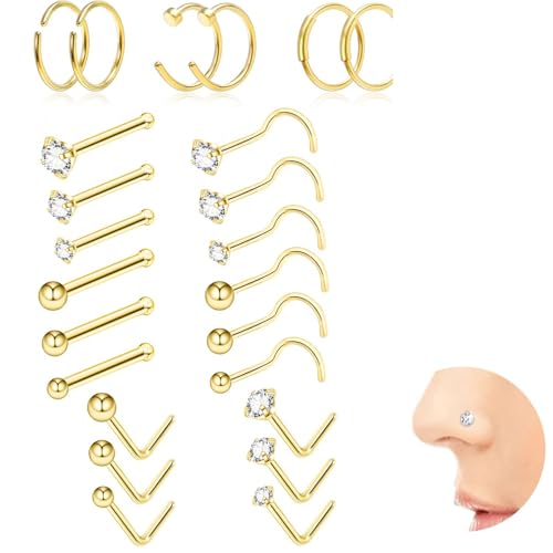 24PCS 20G 14K Gold Nose Stud - 316L Surgical Steel Nose Piercing Jewellery