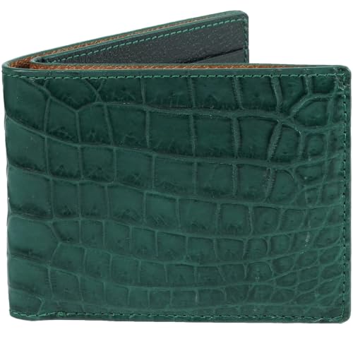 Image of Mens Green Black Slim Bifold Leather Wallets RFID Blocking Leather Wallet Double Side Luxury Passcase with ID Window Classic Handmade Gift for Dad Son Husband Boyfriend, Wedding, Father's Day VIMIX-81