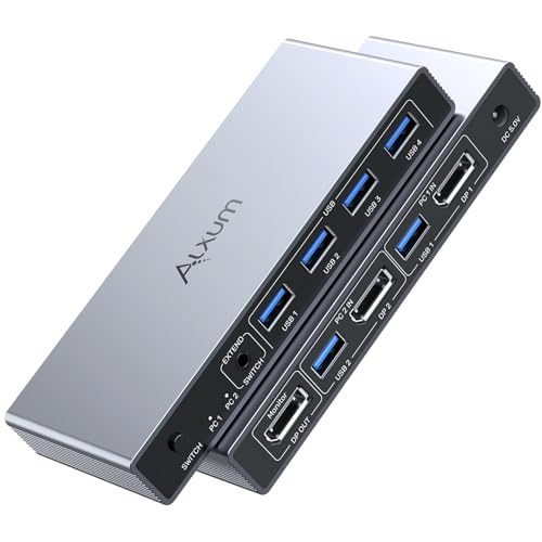 Alxum 8K@60Hz DisplayPort KVM Switch, DP KVM Switch f&uuml;r 2 PCs und 1 Monitor, 4 Port USB Switch f&uuml;r Tastatur, Maus, Mikrofon, Festplatte, Drucker und Kopfh&ouml;rer, 2 USB-B-Kabel, DC 5V-Netzteil
