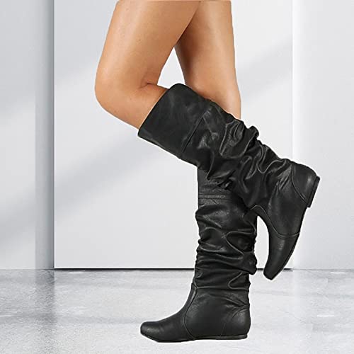 Mid Calf Boots for Women No Heel,Women's Slouchy Flat Boots Pull On Round Toe Fall and Winter Fashion Comfortable Booties for Woman Ladies3
