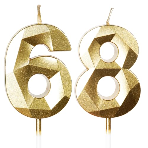 Bougies d'Anniversaire 68 Ans Dorées - Numéro 68 Or - Bougies Dorées pour Gâteau - Décoration de Fête Brillante - Anniversaire, Mariage, Fête, Cérémonie