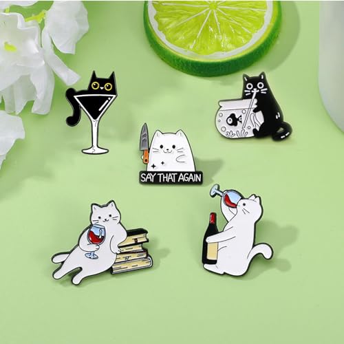Image of White & Black Cat Enamel Lapel Pins for Women Girl Cute Animal Enamel Brooch Pins for Jackets Playful Cat Enamel Brooch Badge DIY Accessories Decor
