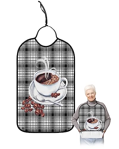 LEOKOTI Coffee Theme Adult Bibs for Eating, Waterproof Bibs with Food Catcher & Adjustable Snap Closure, Hot Coffee Cup Black White Plaid Washable Clothing Protectors Adult Bibs for Elderly Women/Men