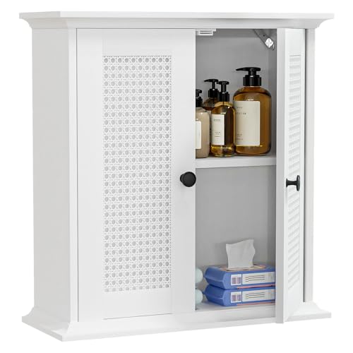 Yorbay Weißer Badezimmerschrank Wandmontage mit Rattantüren: Hängend Badezimmer Medizinschrank mit verstellbarem Regal - Wandschrank für Wohnzimmer Küchen und Waschküche