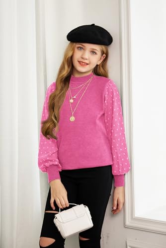 Image of Arshiner Girls Puff Long Sleeve Sweaters Crewneck Lace Polka Dot Casual Knit Tops Pullover Jumper Outwear for Kids
