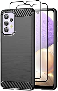 Teayoha Case for Samsung Galaxy A33 5G,with Tempered Glass Screen Protector [2 Pack], Carbon Fiber Scratch Resistant, Shock Absorption Soft TPU Drawing Protective Cases Phone Cover - Black