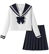 [HarnyLoom] セーラー服 半袖 長袖 本格制服 スカート 蝶結び 3点セット 白二本 関西襟 前開き 紺色の襟 プリーツスカート 女子制服 学生服 高校生 女子高校生 制服 コスプレ ...