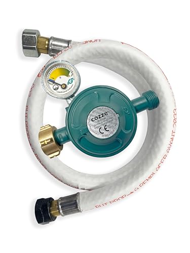 Cozze® Détendeur Gaz avec Manomètre 28 mbar – Spécial France – Tuyau Flexible 1,1 m – Sécurité Fuite – Adaptateur 1/4