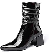 vivianly Pointed Toe Ankle Boot Mid-Calf Boots Chunky Block Heel Booties for Women