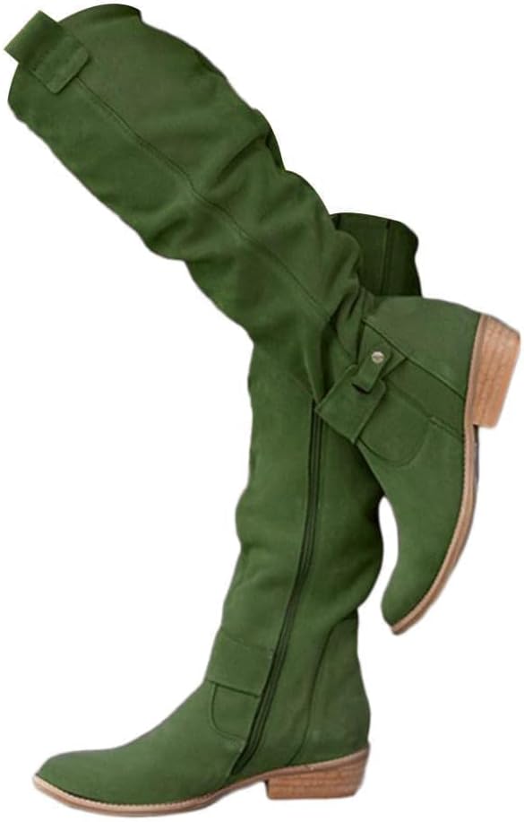 Women's Slouchy Knee High Boots,Wide Calf Slouchy Ruched Suede Cutout Side Zipper Chunky Block Low Heels Almond Toe Booties Vintage Leather Wide Width Pull On Breathable Comfortable Dress Long Booties