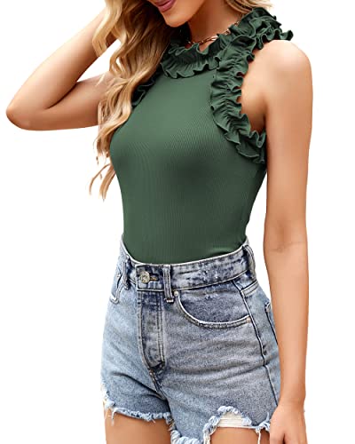 WAYMAKER Women's Sleeveless Racer Back Ruffle Mock Turtle Neck Ribbed Bodysuit Tank Tops4