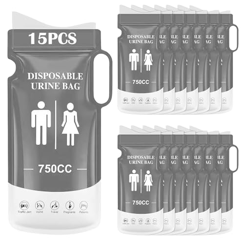 KOMABLEN 15 Piezas Bolsas de Orina Portátiles, 750ml Desechables Orinal Adulto, Urinario Portatil WC Portatil Hombre como a Mujeres Bolsa de Vómito para Acampar, Viajar, Atascos de Tráfico