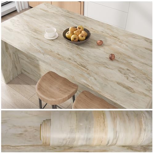 VEELIKE Papel Pintado Marmol Beige Gris Vintage Vinilo Encimera Cocina Papel Adhesivo Efecto Pizarra Grunge Vinilo Marmol Beige Comedor Impermeable Decorativo Baño Mesa Extraíble 40 cm x 300 cm