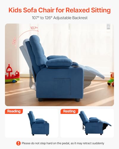 Image of VEVOR Kids Recliner Chair, Toddler Lounger with Cup Holders & Pockets, 107 to 126 Adjustable Back, Breathable Polyester Upholstery Reclining Sofa with Foot-Rest, for Boys and Girls, Children (Blue)