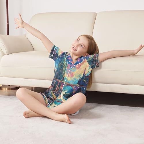 senya Starry Sky Satin Summer Pajama Sets Silk Short Sleeve Button Down Sleepwear 6