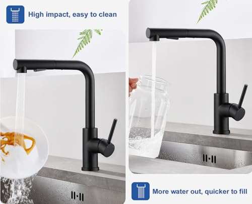 WOOHSE Küchenarmatur mit Brause Ausziehbar, Hochdruck Wasserhahn Küche Schwarz 360° Drehung, Spültischarmatur mit Brause zwei Wasserstrahlarten, Küchenwasserhahn aus Edelstahl, Mischbatterie