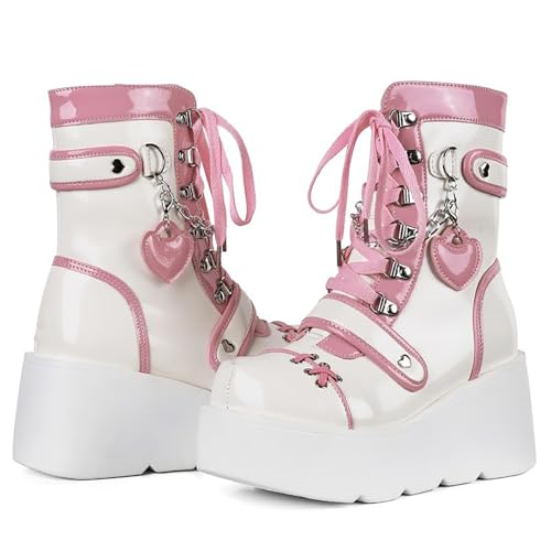 Women's Leather Platform Goth Rave Ankle Boots With Side Zipper Comfort Round Toe Lug Sole Wedge High Heel Kawaii Booties Cute Chain Lace Up Punk Y2K Combat Boots
