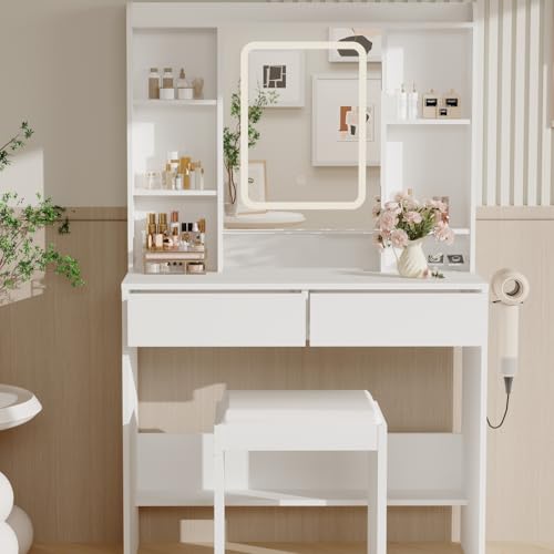 GarveeHome Vanity Desk with Mirror and Lights, for Bedroom,Includes Padded Stool, Easy to Assemble, Storage Drawers, USB Outlets, Hairdryer Holder, Adjustable LED Light with 3 Lighting Modes