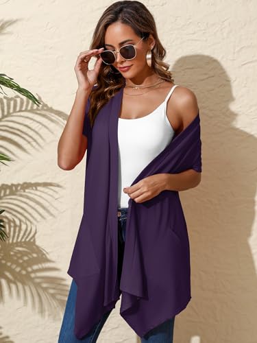 Image of Women's Lightweight Open Front Cardigans Short Sleeve Casual Soft Sheer Cardigan S-2XL with Pockets