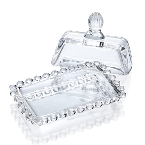 4inch Glass Butter Dish with Lid Classic Covered 2-Piece Design Clear Butter Tray for Countertop Modern Style Butter Keeper Dishwasher Safe
