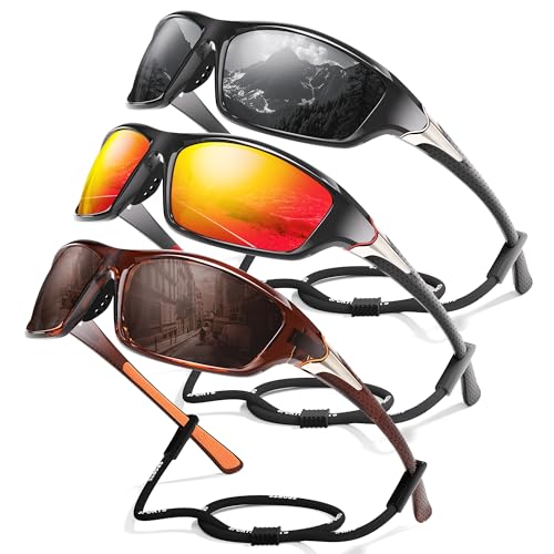 3 Pack Polarized Sports Sunglasses for Men, Mens Sunglasses Wrap Around UV Protection for Cycling Fishing Driving B09-grey/Red/Coffee